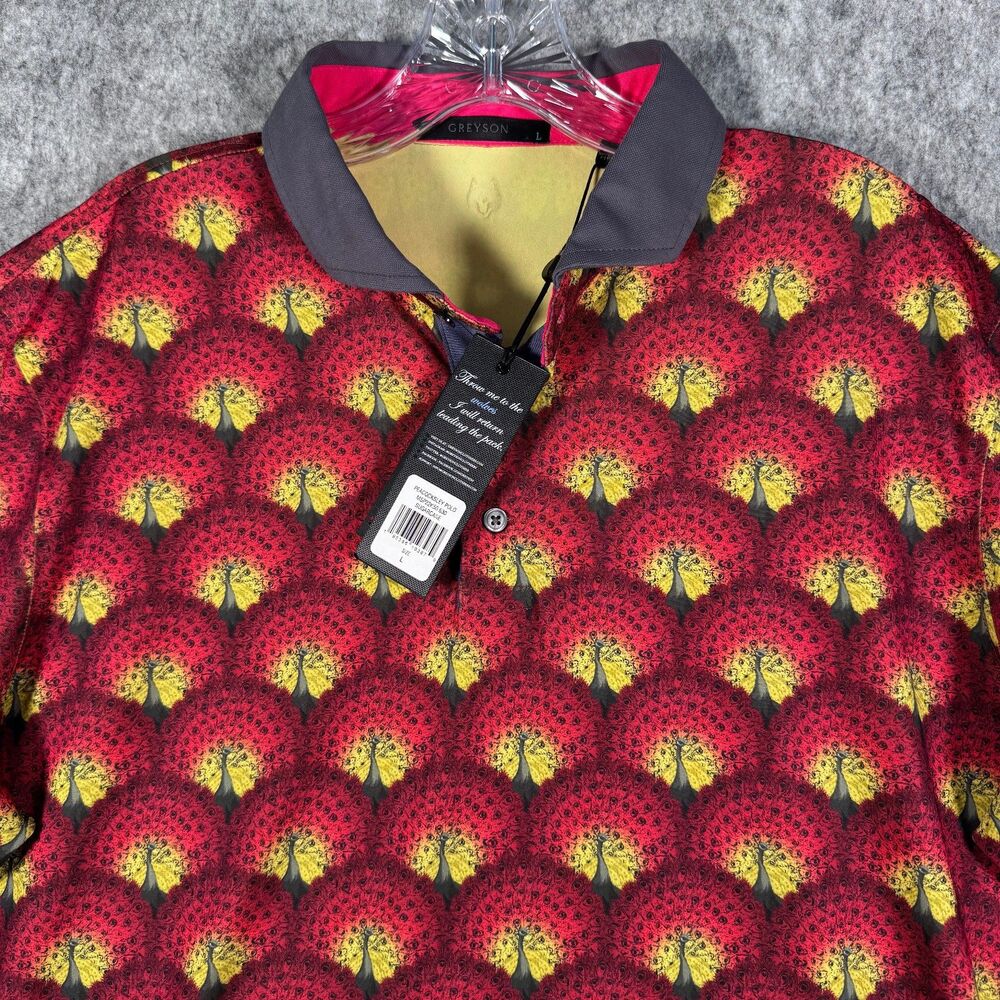 Greyson Shirt Mens Size Large Red Short Sleeve Polo Peacock Golf Embroidered